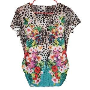 Chicos Womens Sz 0 Art To Wear Top Animal Print Floral Shirt Rhinestones